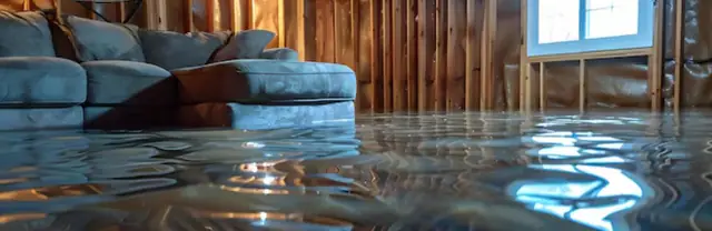 Flooded basement with exposed wall framing