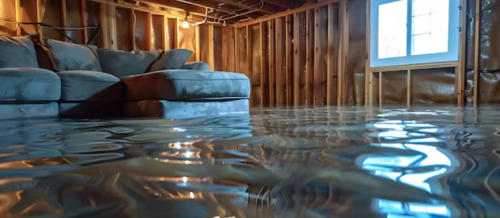 Flooded basement with exposed wall framing