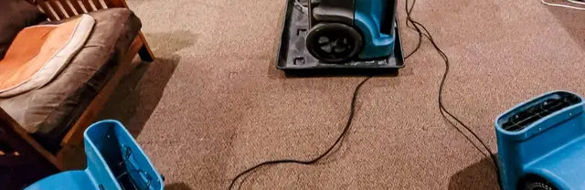 Air movers and a dehumidifier drying wet carpet