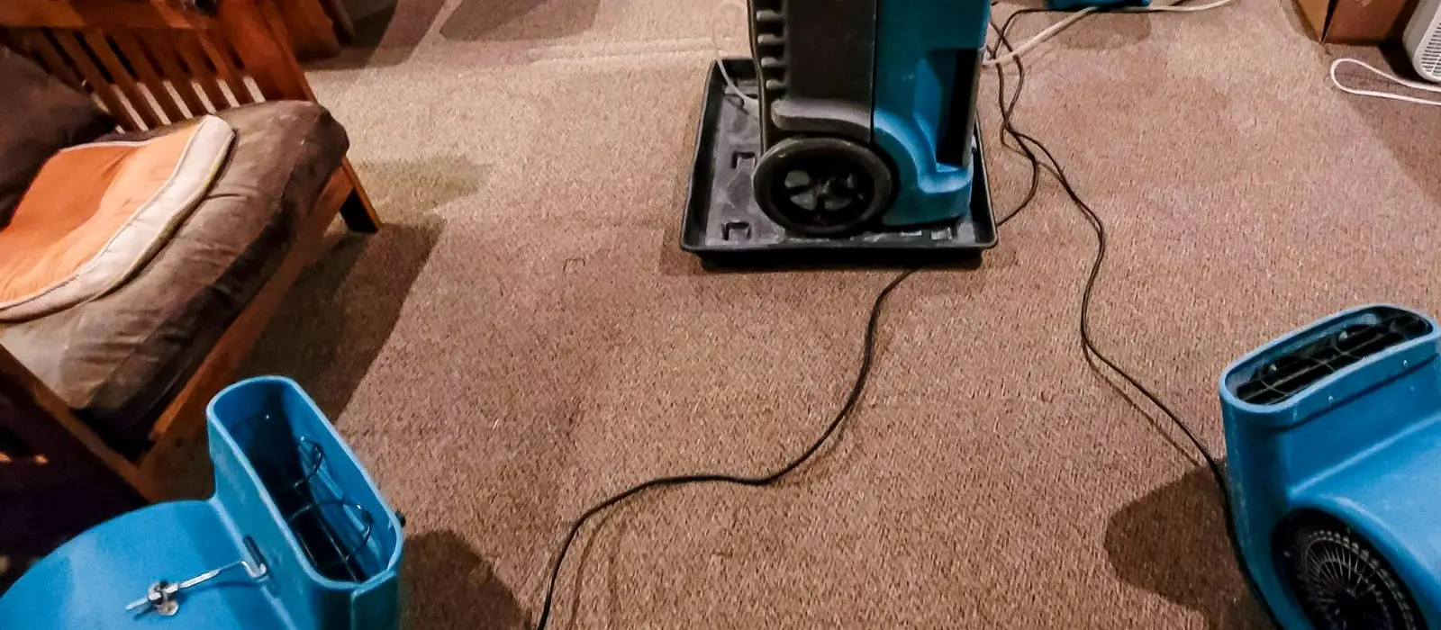 Air movers and a dehumidifier drying wet carpet