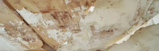 Water-stained ceiling with peeling paint