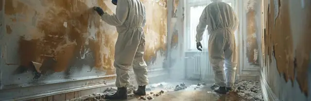 Workers in protective gear in a room with mold-stained walls