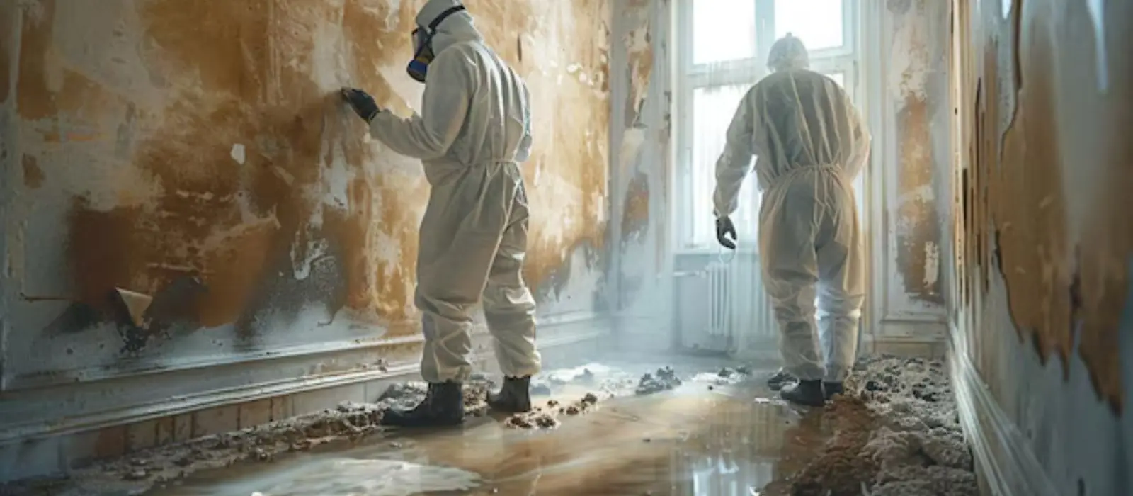 Workers in protective gear in a room with mold-stained walls