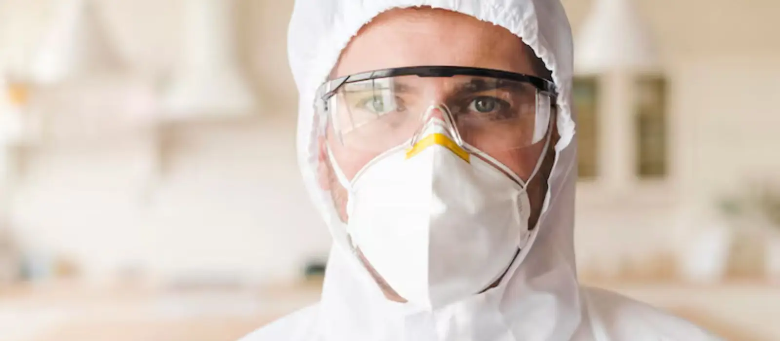 Person in a respirator mask and protective hood