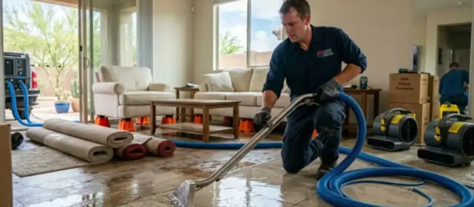 Technician extracting standing water from a living room with a hose