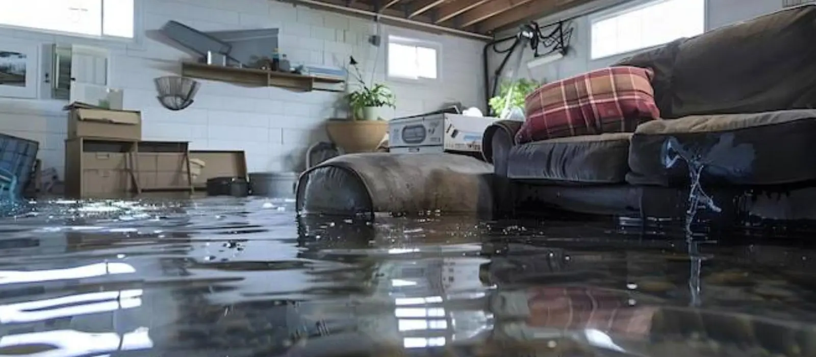 Flooded basement living area with standing water