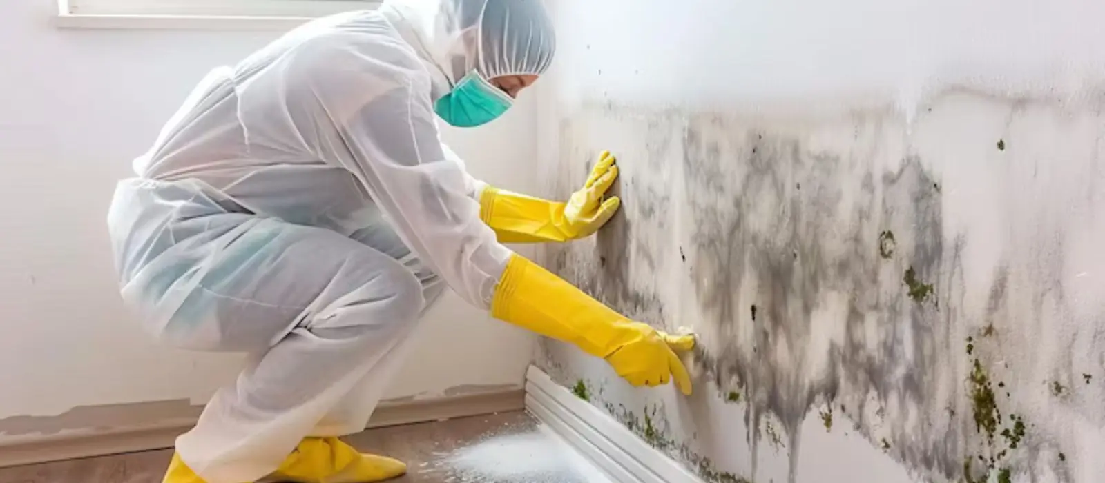 Worker in protective suit treating mold on a wall