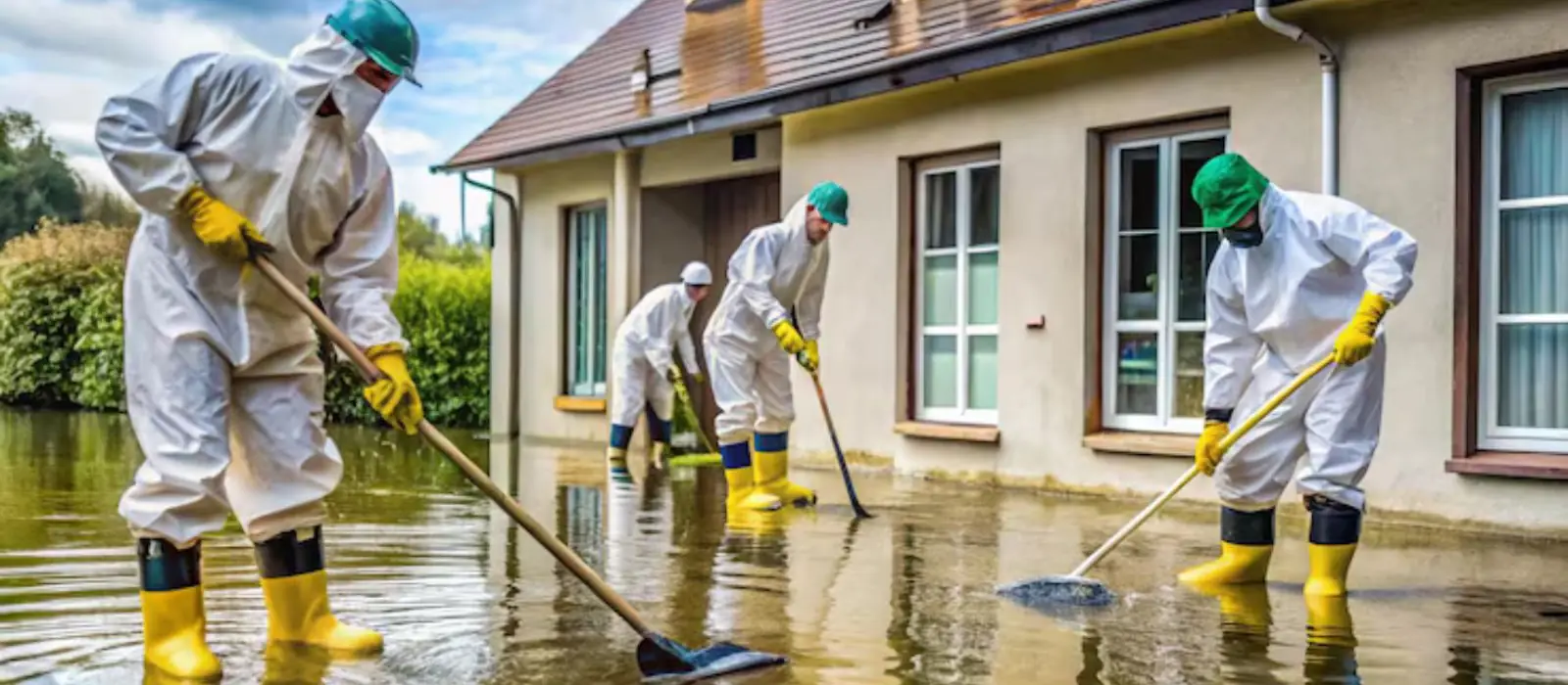 Crew in protective suits cleaning up a flooded home