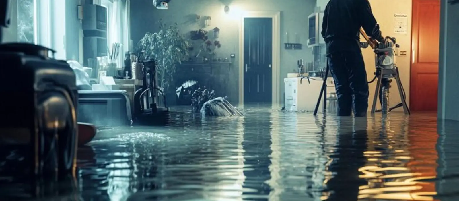 Technician assessing a water-affected room with moisture equipment